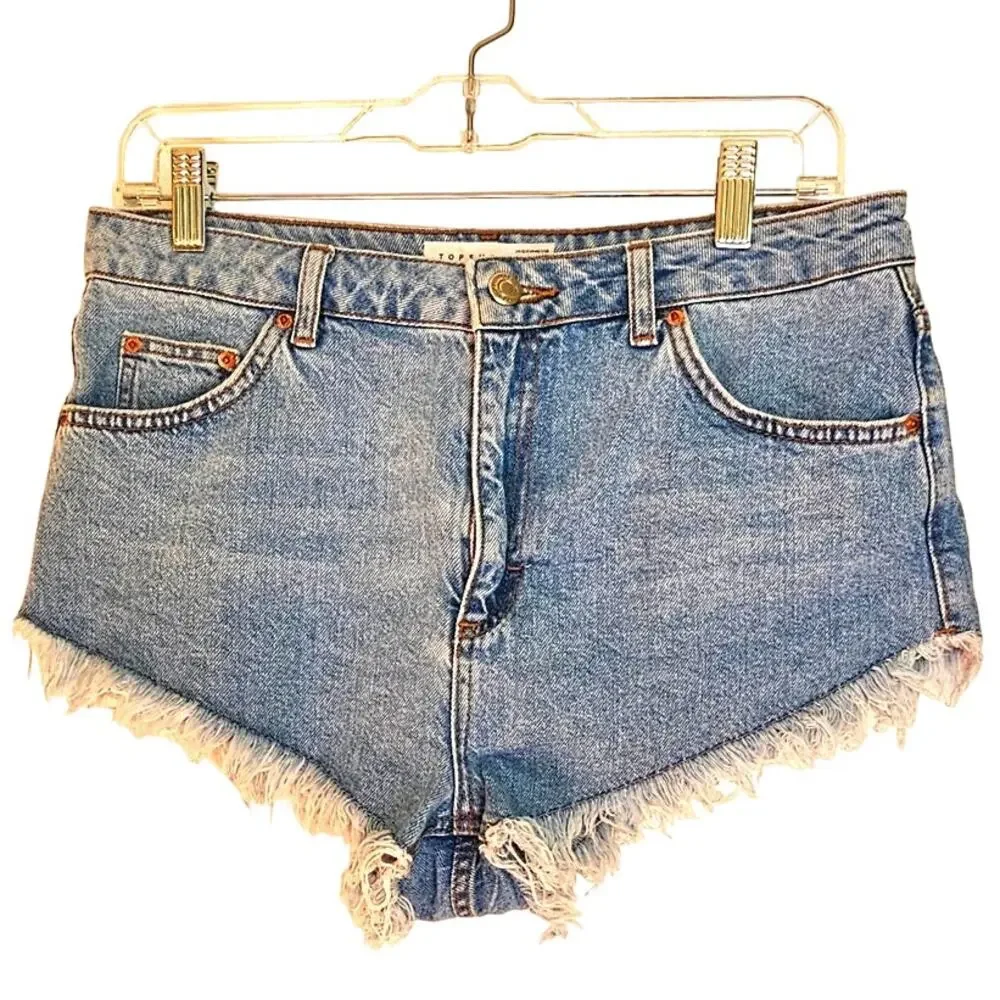 Topshop Kiri High-Waisted Distressed Denim Frayed Jean Shorts w/ Pockets